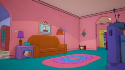 Fortnite Chapter 6 Season screenshot showing the interior sofa of the Simpsons home