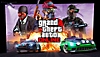 Grand Theft Auto Online – grafika główna pokazująca samochód podczas ulicznych wyścigów, goniony przez radiowóz, i trzy postacie powyżej.