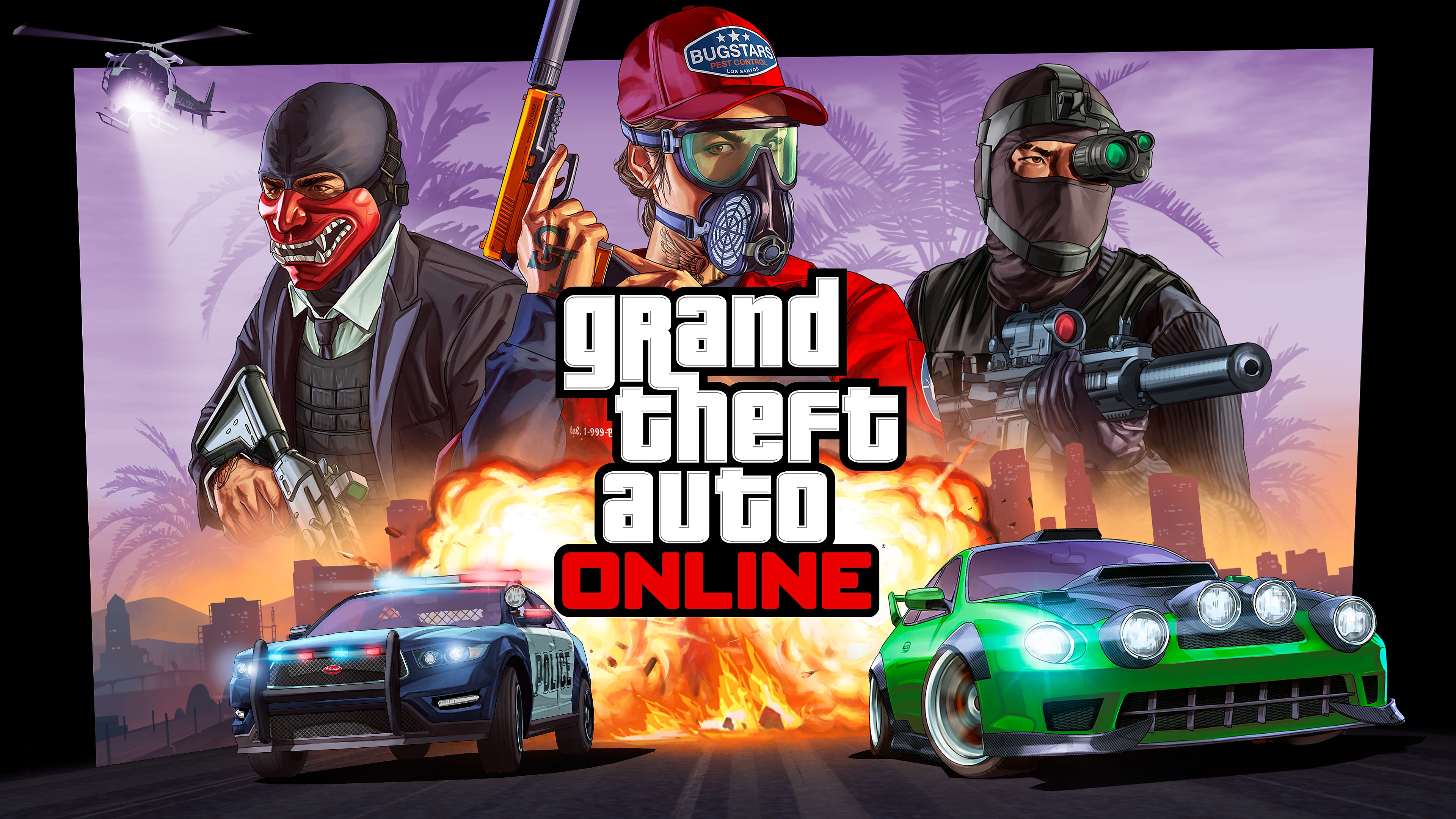 Grand Theft Auto Online - Illustration principale d'une voiture de course poursuivie par la police et trois personnages au-dessus