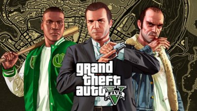 Arte principal del modo Historia de GTAV que muestra a los tres personajes principales, Michael, Franklin y Trevor