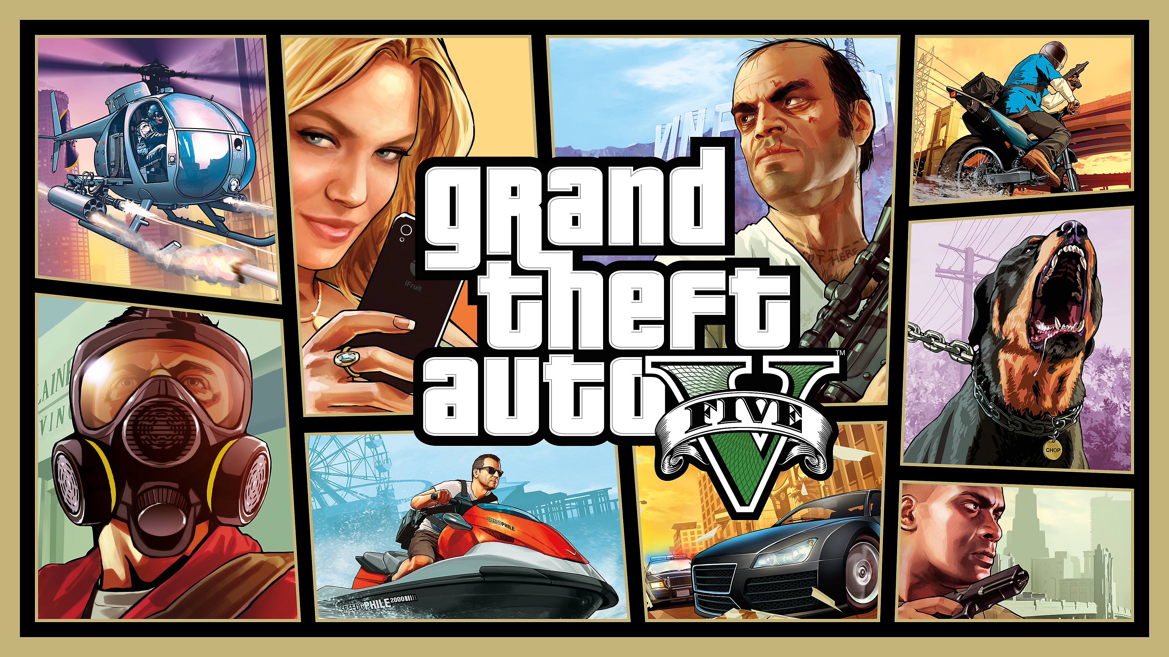 GTAV Story Mode keyart showing montage of images including the main characters, a barking Rottweiler, a Jetski, cars and a helicopter.