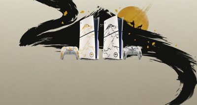 Two PS5 consoles showing limited edition Ghost of Yotei designs