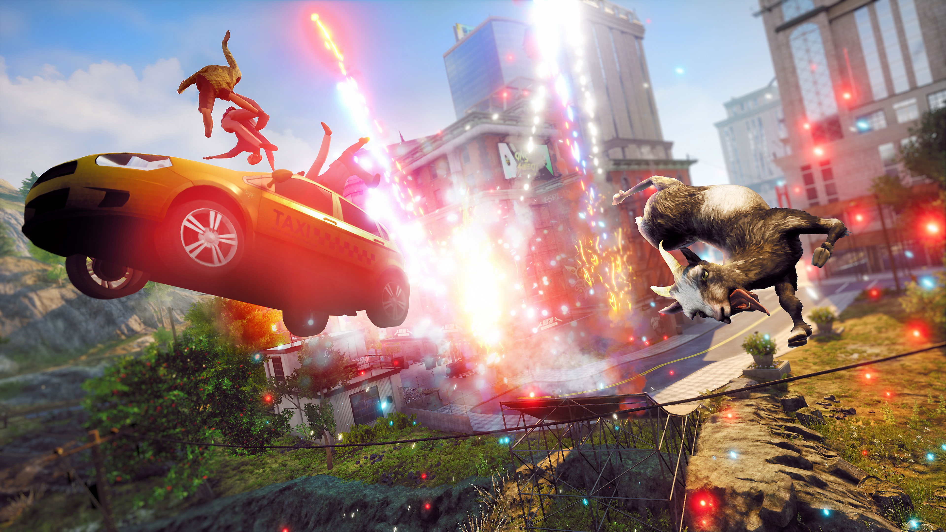 Goat Simulator 3 screenshot showing a car and a goat flying through the air with an explosion in the background