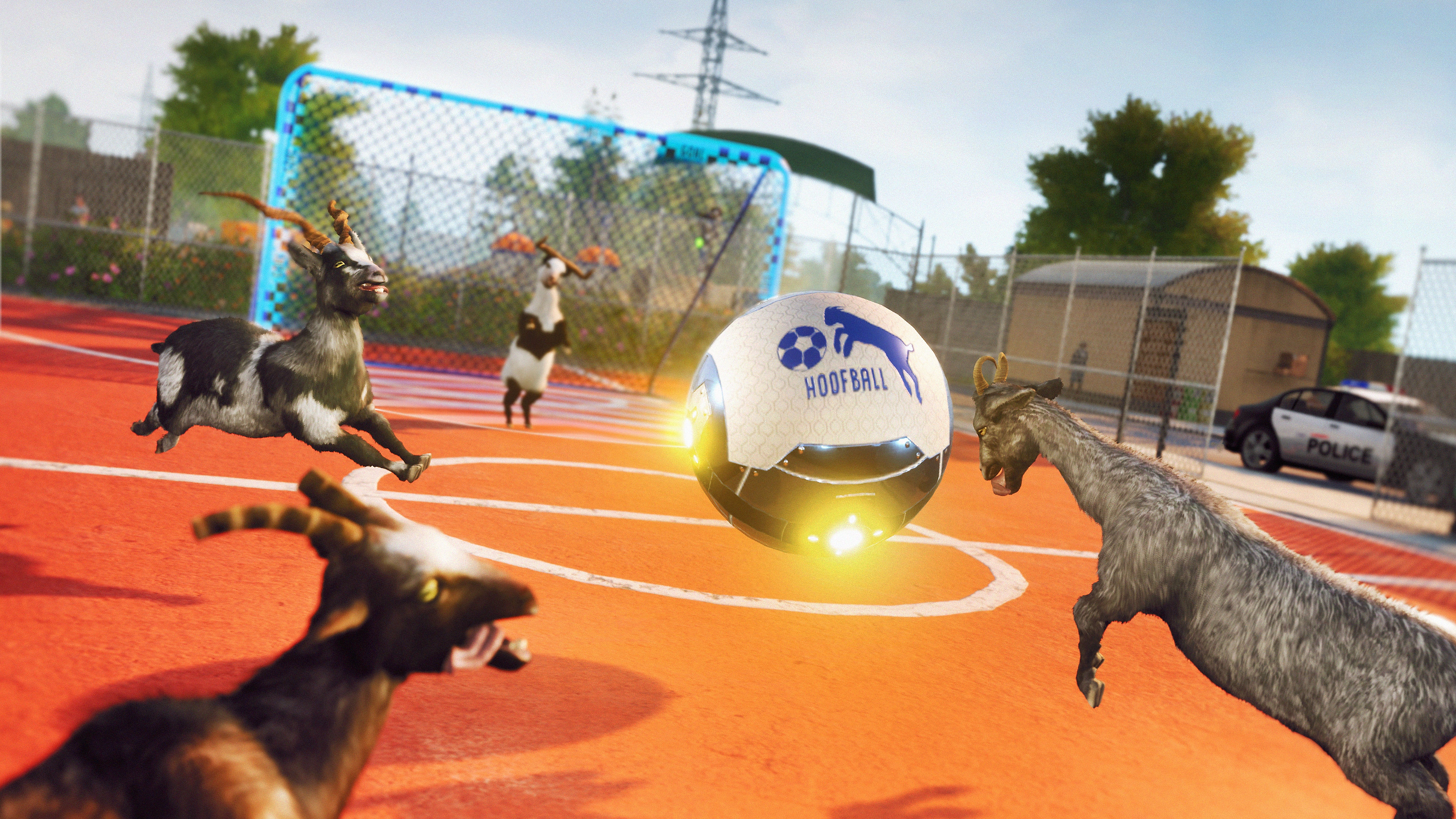 Goat Simulator 3 – Screenshot, der Ziegen zeigt, die mit einem Riesenball Fußball spielen