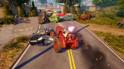 Snimka zaslona iz igre Goat Simulator 3 prikazuje kozu kako vozi traktor i dolazeći automobil