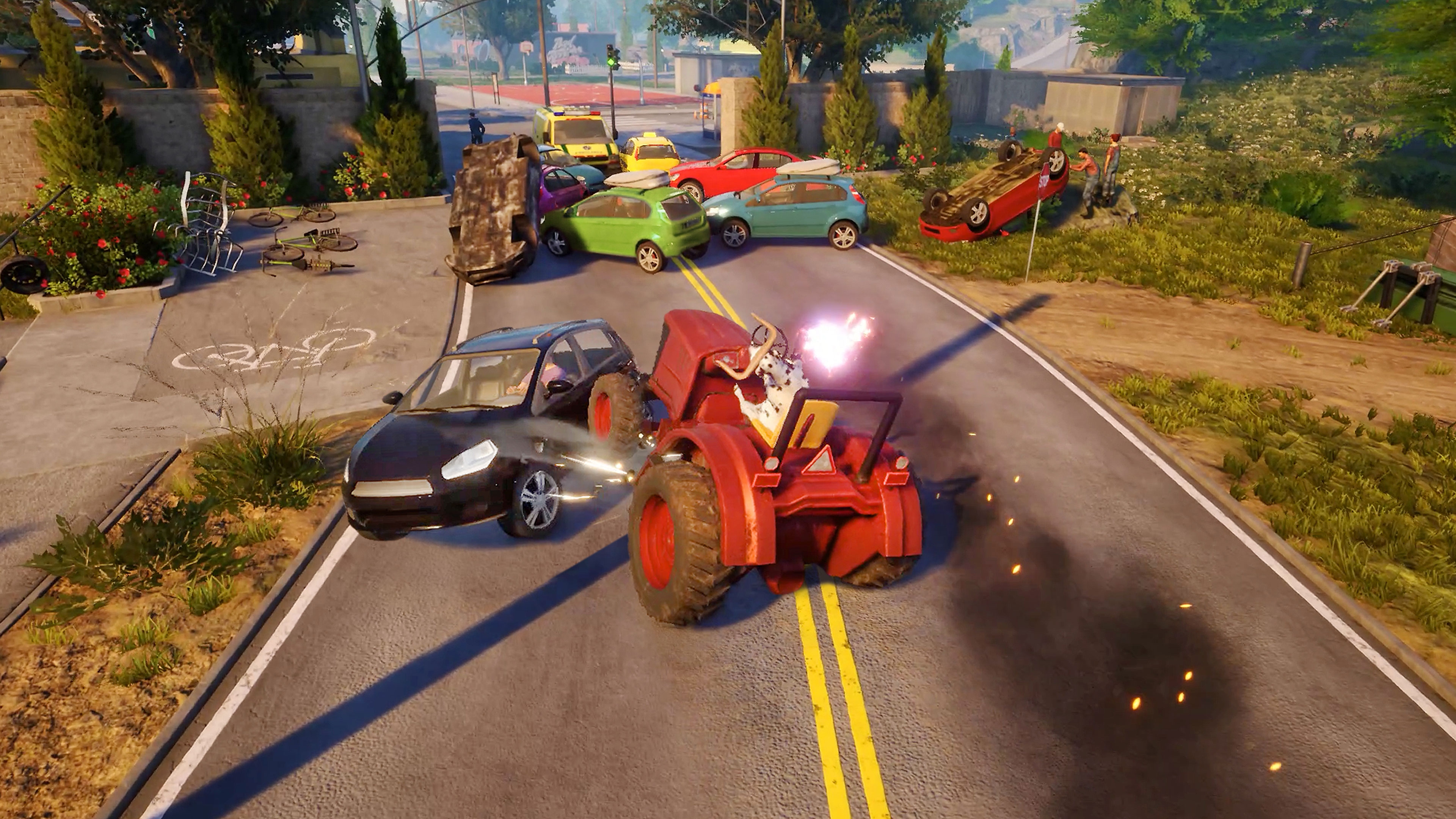 Goat Simulator 3 screenshot showing a goat driving a tractor into an oncoming car