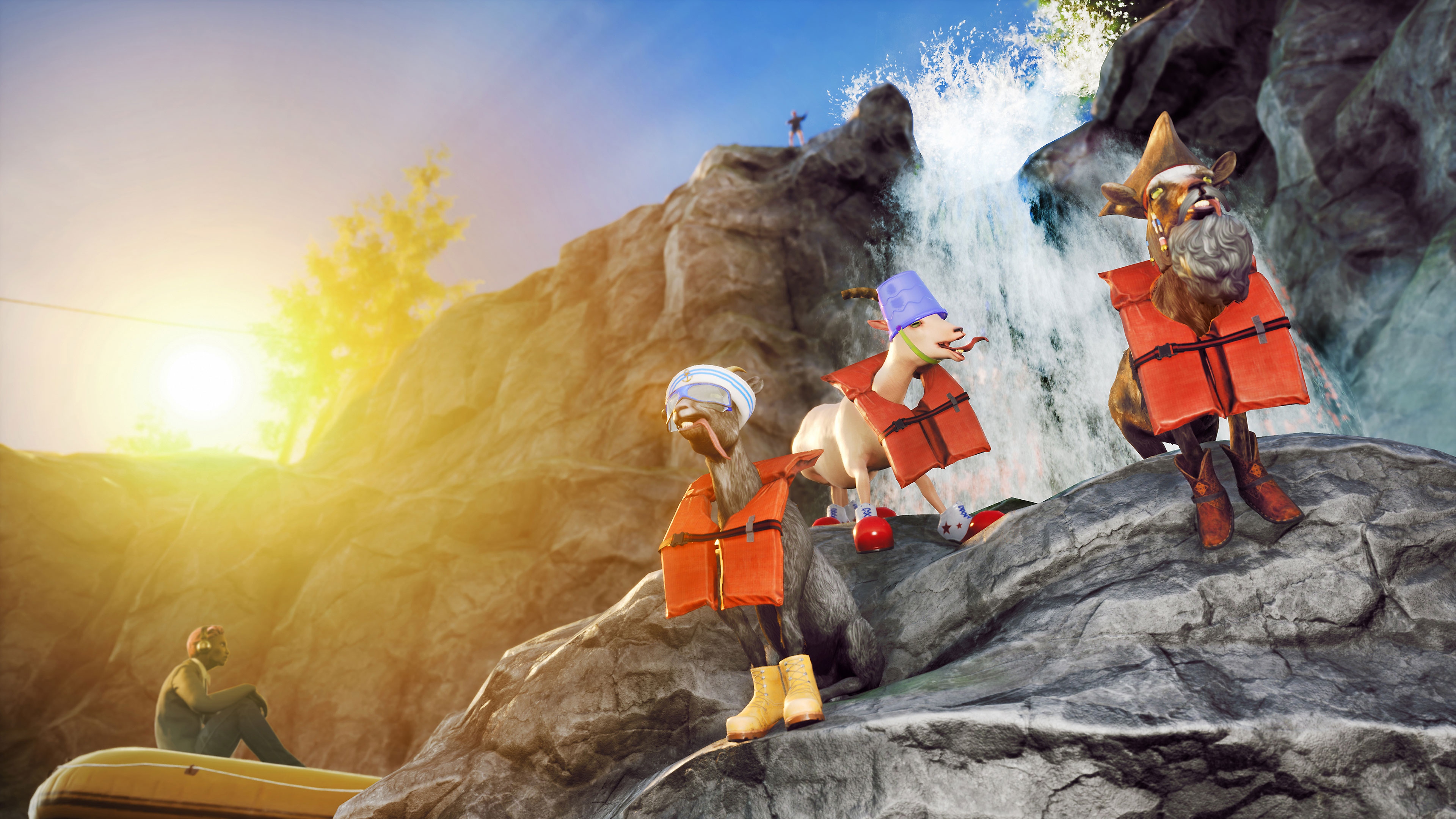Goat Simulator 3 screenshot showing 3 goats wearing life vests in front of a waterfall