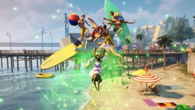 Capture d'écran de Goat Simulator 3 montrant une scène à la plage, avec des surfeurs et des planches de surf culbutant dans les airs.