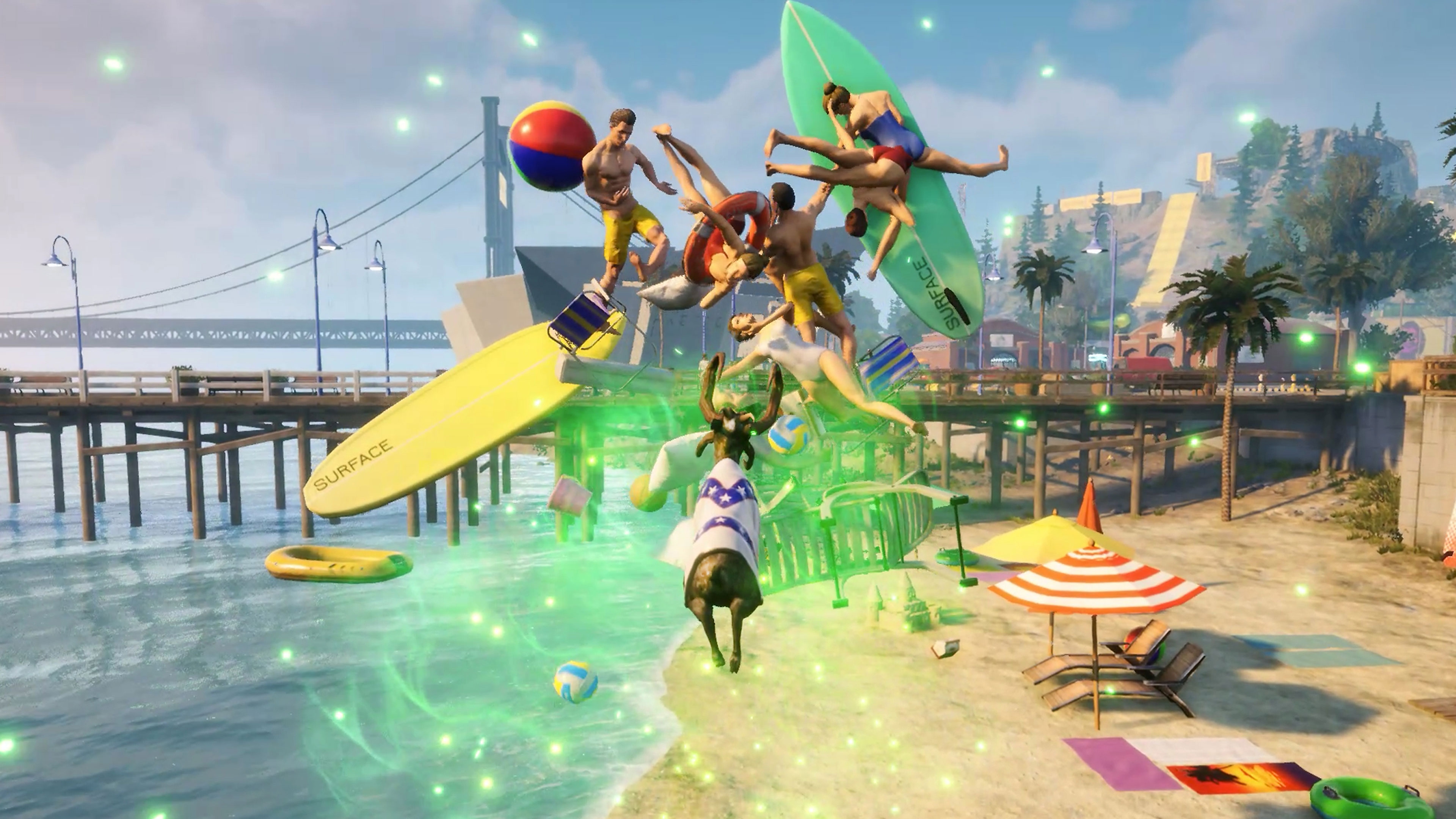 Goat Simulator 3 showing a beach scene with surfers and surf boards tumbling in mid-air