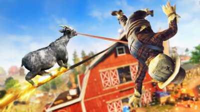 Snimka zaslona iz igre Goat Simulator 3 prikazuje kozu koja je obuhvatila strašilo jezikom