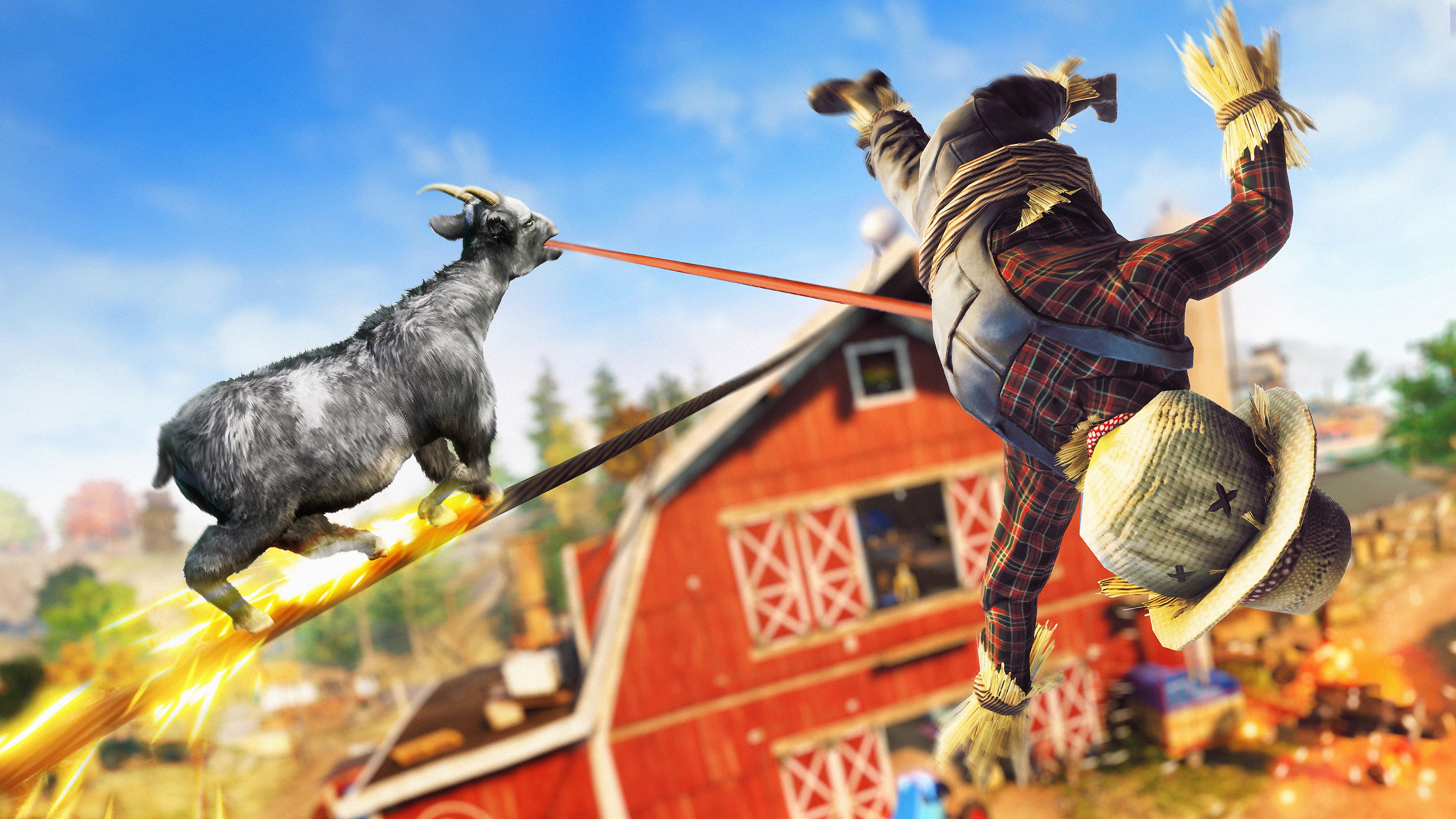 Captura de pantalla de Goat Simulator 3 que muestra una cabra agarrando un espantapájaros con la lengua