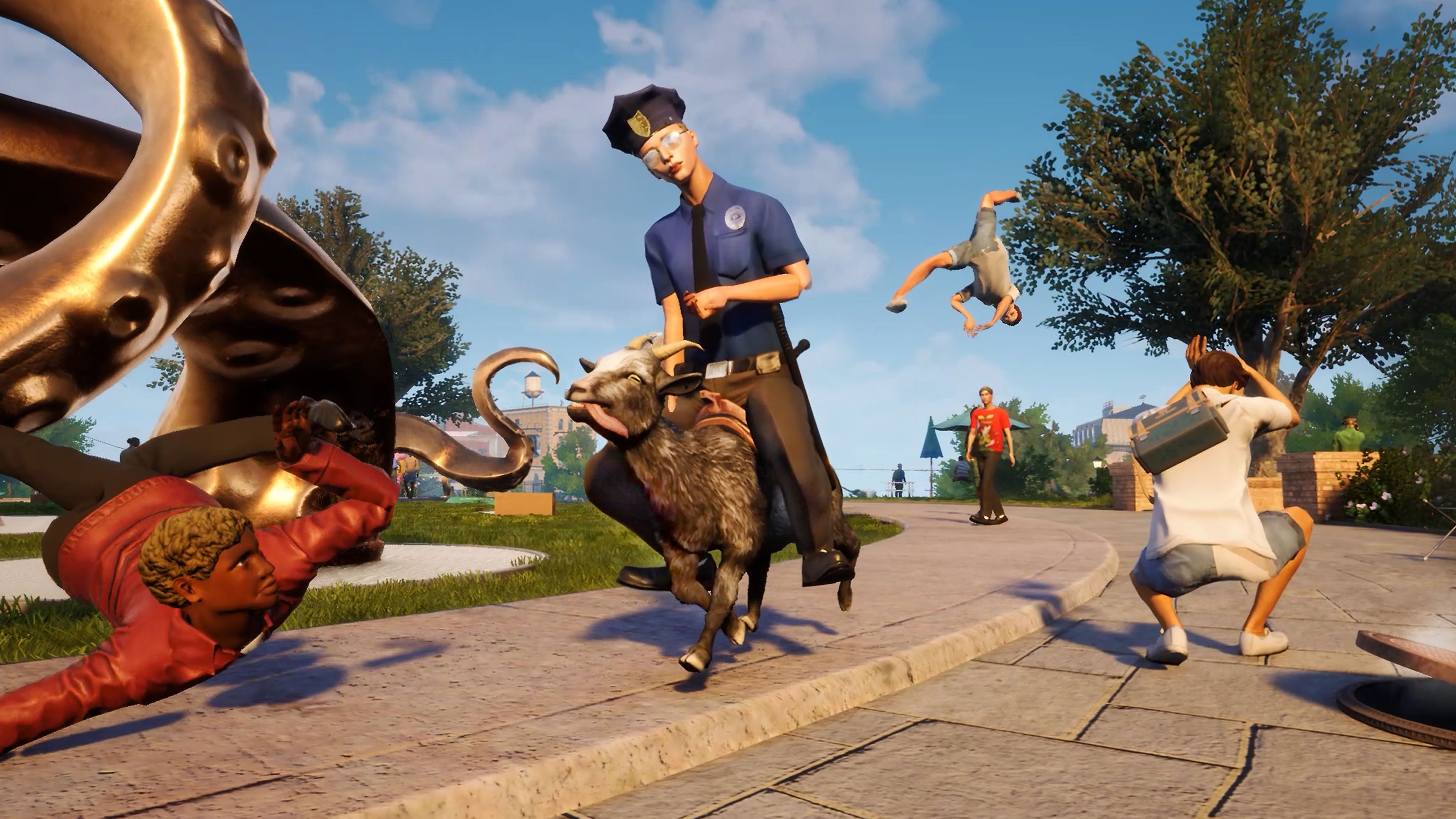 Goat Simulator 3 screenshot showing a policeman riding a goat with pedestrians falling to the ground