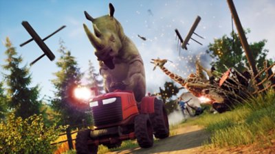 Snimka zaslona iz igre Goat Simulator 3 prikazuje nosoroga kako vozi traktor