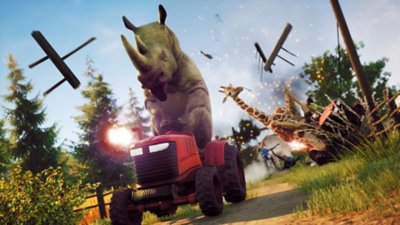 Goat Simulator 3 screenshot showing a rhinoscerous riding a tractor