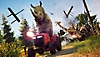 Goat Simulator 3 – snímek obrazovky zobrazující nosorožce jedoucího na traktoru
