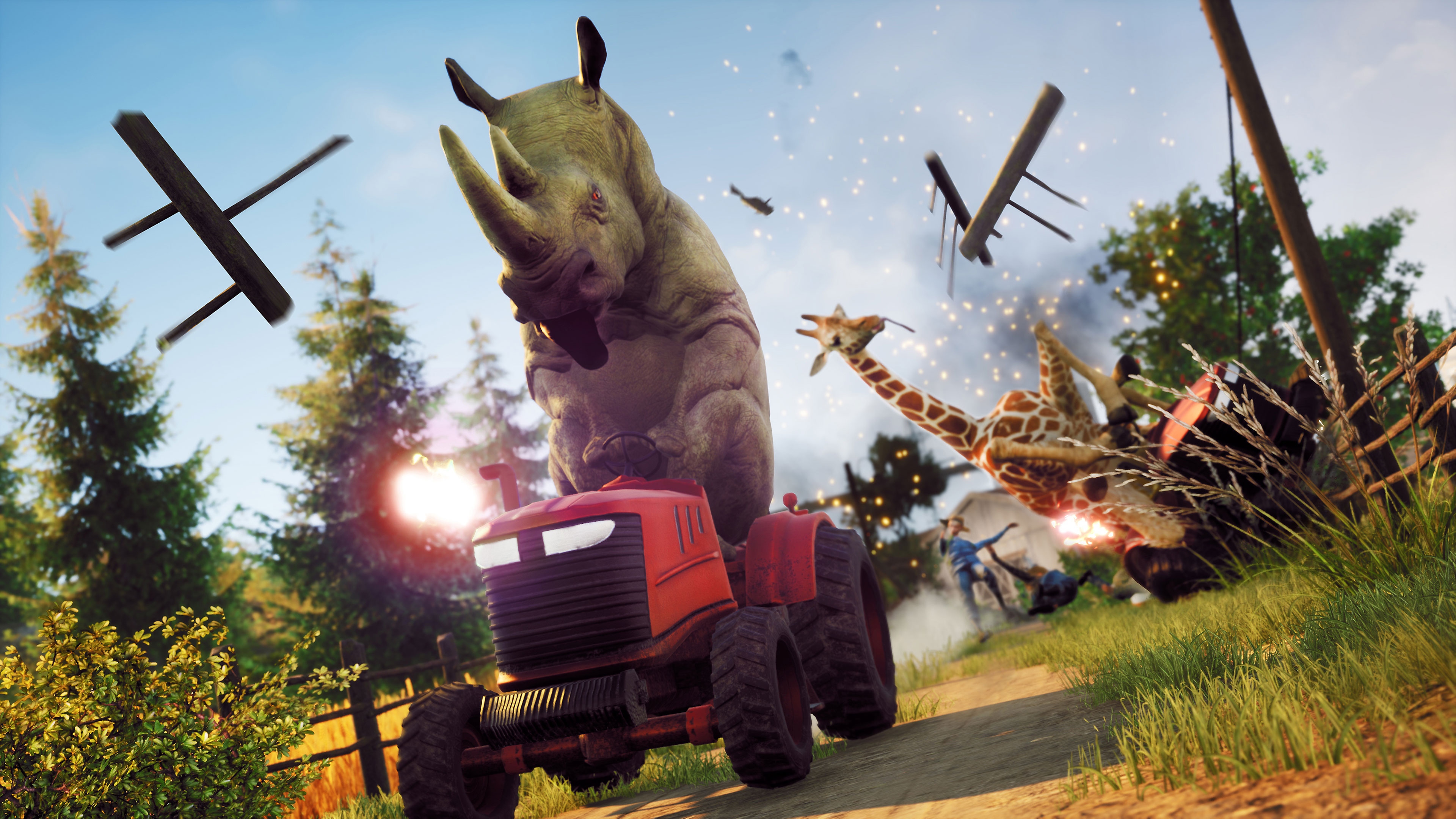 Goat Simulator 3 screenshot showing a rhinoscerous riding a tractor