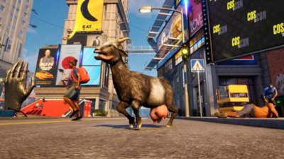 Goat Simulator 3 screenshot showing a goat running through a town