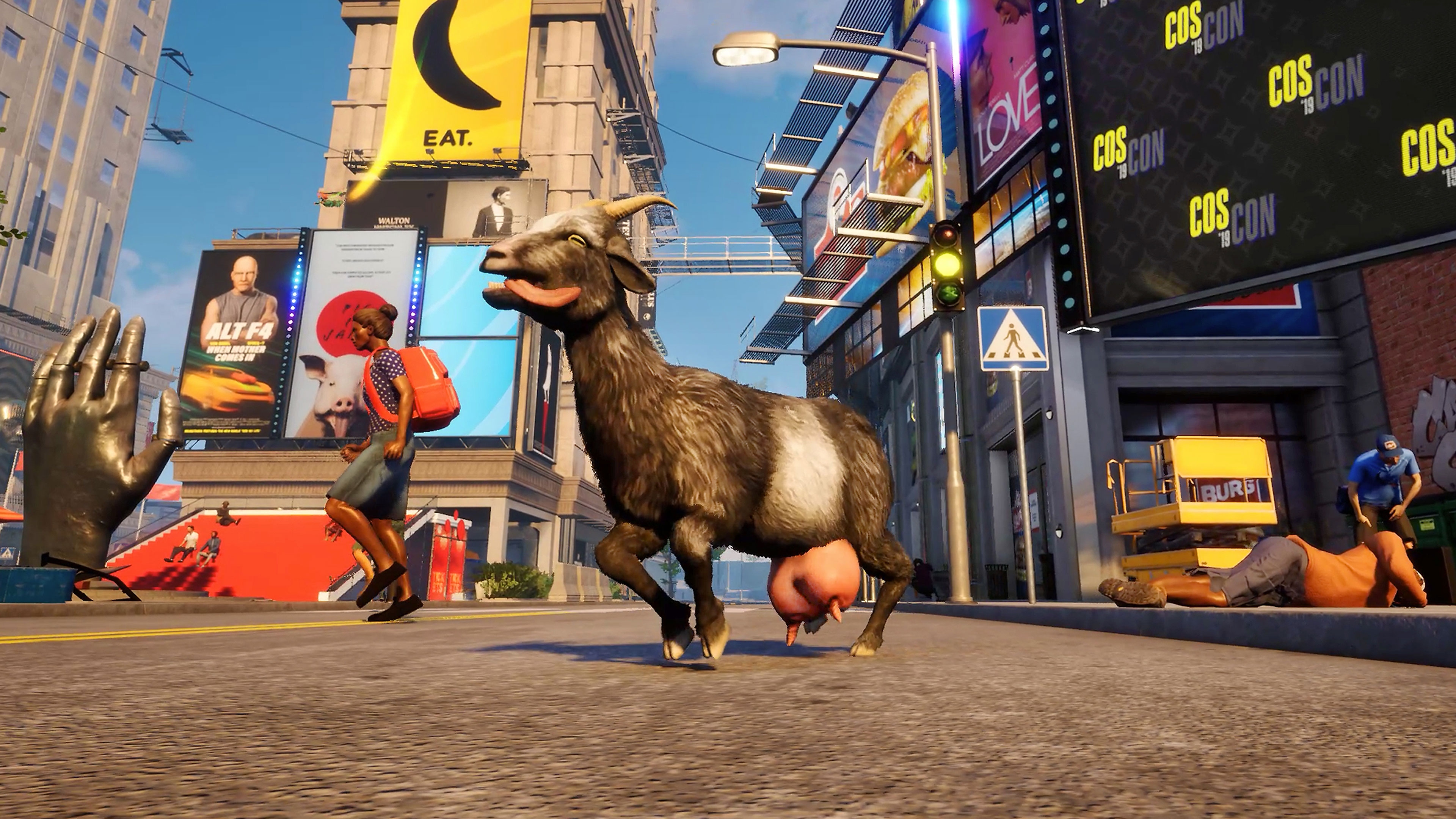Goat Simulator 3 screenshot showing a goat running through a town