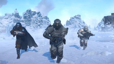 Helldivers 2 screenshot showing three Helldivers running across an icy landscape
