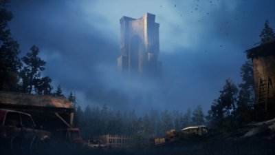 Vue d'une tour dans la brume