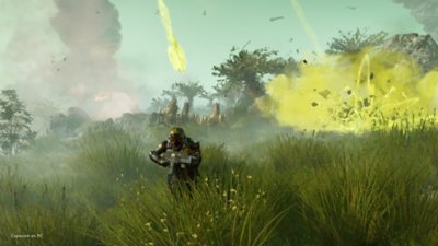 Helldivers 2 screenshot showing soldier running from an explosion.