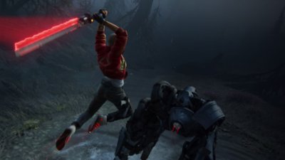 Intergalactic The Heretic Prophet screenshot showing main character, Jordan, leaping through the air brandishing a red-bladed weapon towards a large robotic enemy