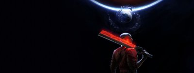 Intergalactic The Heretic Prophet artwork showing main character, Jordan, posing with a sword like weapon with a red blade