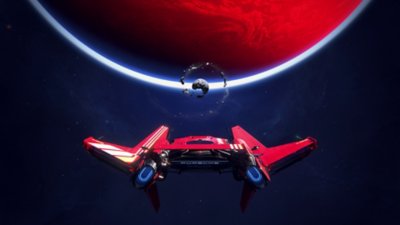 Intergalactic: The Heretic Prophet screenshot showing Jordan's red Porsche space ship pointing towards a large red planet