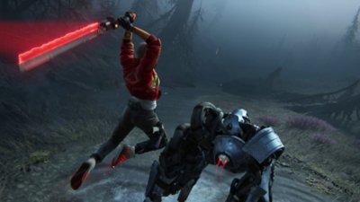 Intergalactic The Heretic Prophet screenshot showing main character, Jordan, leaping through the air brandishing a red-bladed weapon towards a large robotic enemy