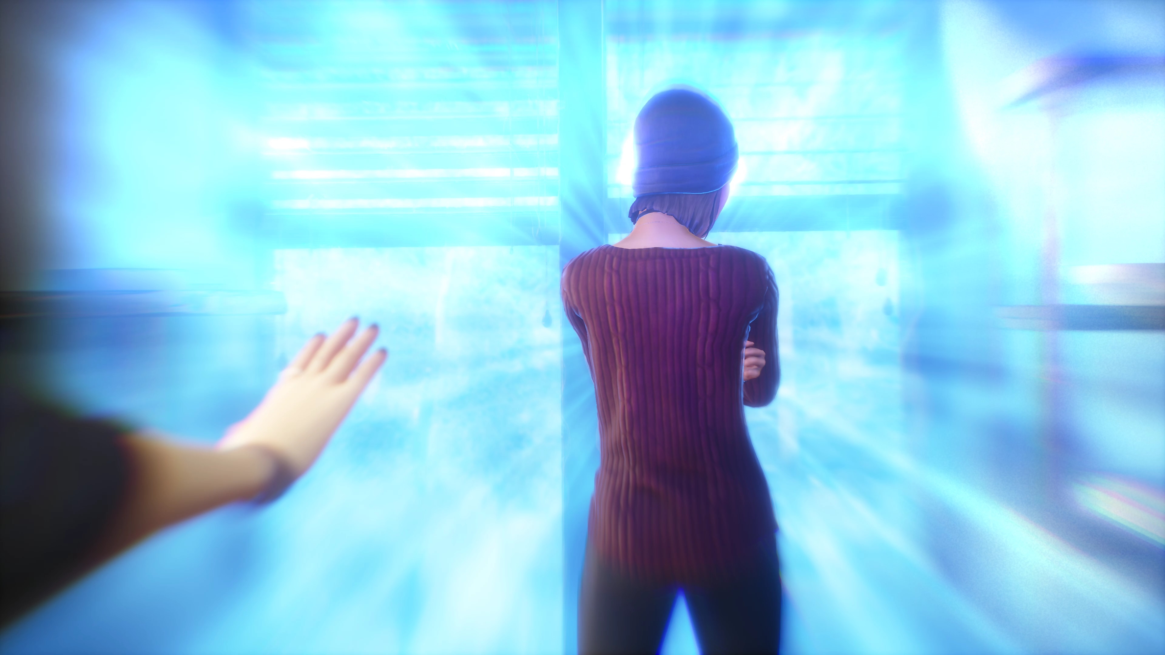 Captura de pantalla de Life Is Strange True Colors que muestra a Alex detectando las emociones de otros personajes, indicado por un aura azul