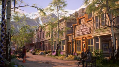 Life Is Strange True Colors screenshot of a small mountainside town high street featuring an independent record shop