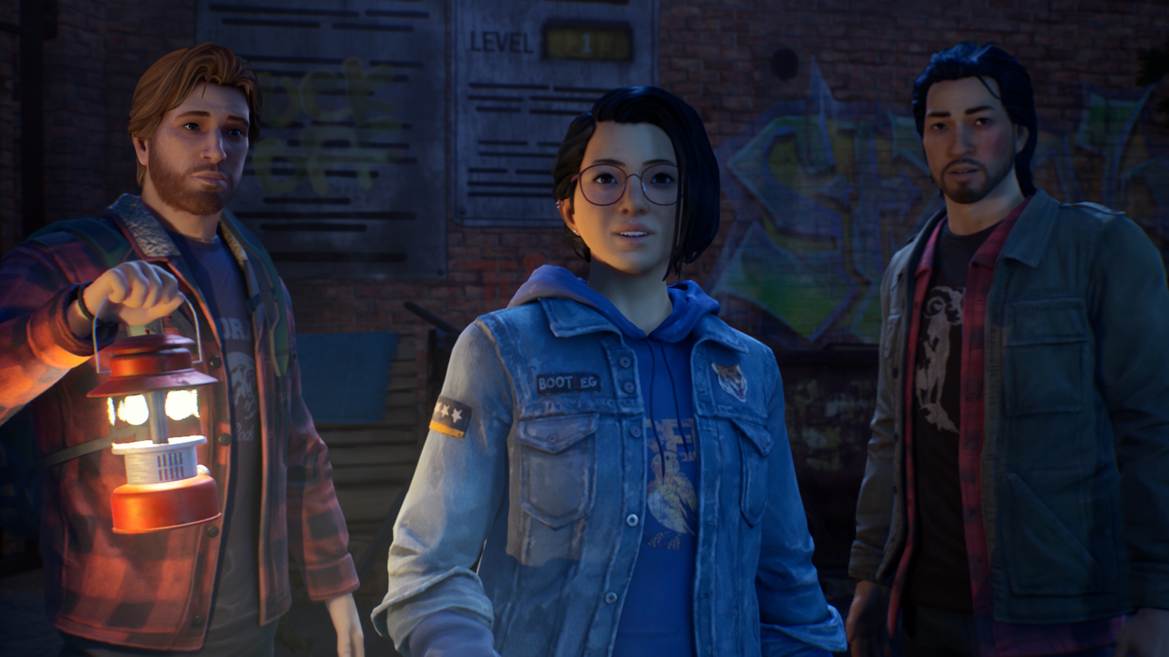 Captura de pantalla de Life Is Strange True Colors que muestra a tres personajes mirando a la cámara