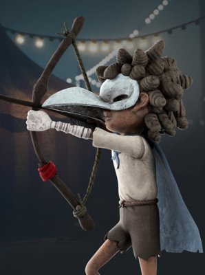 Bild aus Little Nightmares 3, das Low mit einem gespannten Bogen zeigt