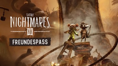 Key-Art aus Little Nightmares 3, auf dem die beiden Charaktere Low und Alone auf einem Haufen mit staubigem Müll stehen und auf dem der Text „Friend's Pass“ steht