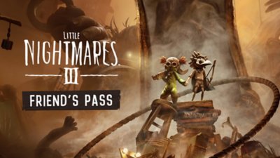 Little Nightmares 3 key art showing the two characters Low and Alone standing on a heap of dusty garbage with text reading "Friends Pass"