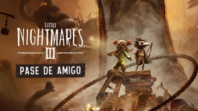 Arte promocional de Little Nightmares 3 que muestra a los dos personajes, Low y Alone, parados sobre una pila de basura polvorienta con el texto "Friends Pass" (Pase de amigo).