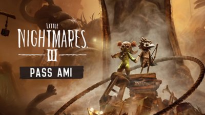 Illustration principale de Little Nightmares 3 – les deux personnages Low et Alone se tiennent au pied d'une pile de déchets poussiéreux, tandis qu'un texte mentionne « Pass ami »