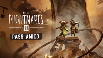 Little Nightmares III - Immagine principale dei due protagonisti, Low e Alone, in cima a una pila di spazzatura impolverata con un messaggio che recita "Pass Amici".