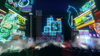 Lumines Arise screenshot showing the game grid flanked by neon signs