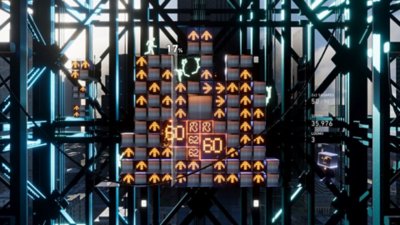 Lumines Arise screenshot showing gameplay with arrows on the blocks