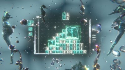 Lumines Arise screenshot showing gameplay with seahorses beside the game grid