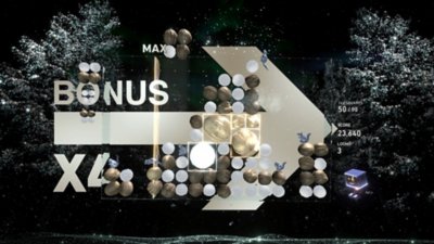 Lumines Arise screenshot showing a bonus multiplyer being scored