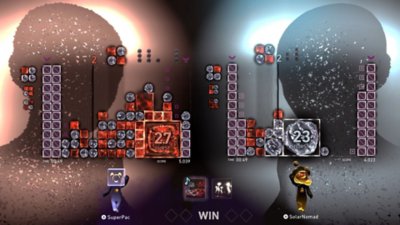 Lumines Arise screenshot showing multiplayer play with two Loomii avatars on screen