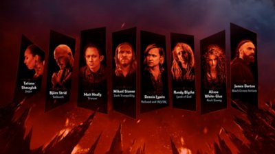 A line-up of featured artists from Metal: Hellsinger's soundtrack, including Tatiana Schmayluk (Jinjer), Bjorn Strid (Soilwork), Matt Heafy (Trivium), Mickael Stanne (Dark Tranquillity), Dennis Lyxen (Refused and INVSN), Randy Blythe (Lamb of God), Alyssa White-Gluz (Arch Enemy) and James Dorton (Black Crown Initiative). 