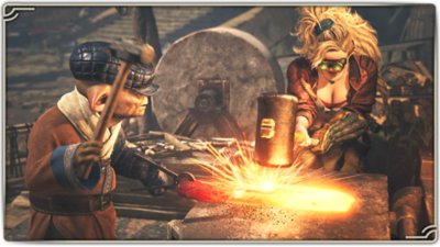 Monster Hunter Wilds - screenshot van Gemma die een Artian-wapen smeedt.