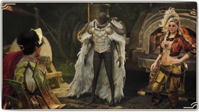 Monster Hunter Wilds - screenshot van een jager die een pas gesmeed pantser krijgt van Gemma.