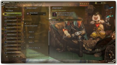 Monster Hunter Wilds - screenshot van het menu Decorations.