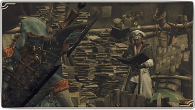 Monster Hunter Wilds - screenshot van een jager die met een NPC praat.