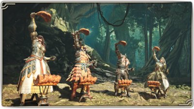 Monster Hunter Wilds screenshot showing four hunters raising well-cooked steaks aloft.