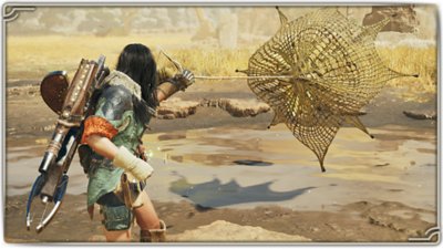 Monster Hunter Wilds screenshot showing a hunter using a Capture Net.